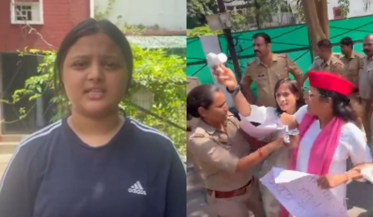 Left: Vibhavari Singh
Right: SP women's wing workers protest with taps | X