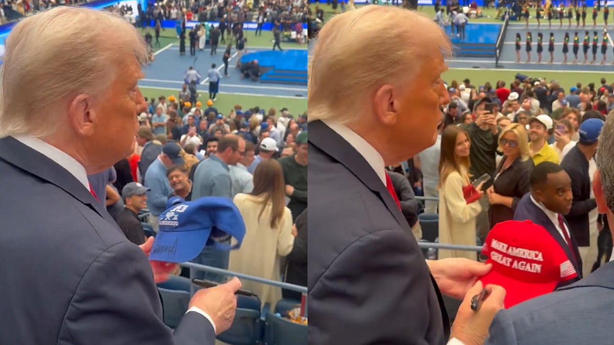 US President Donald Trump Tosses Signed Caps Into Crowd During Carlos Alcaraz Vs Jannik Sinner US...