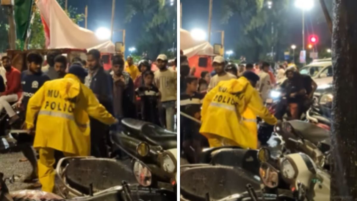 Viral Video Shows Mumbai Cop Toppling 2-Wheelers During Ganpati Visarjan; Netizens Slam ‘Unruly...