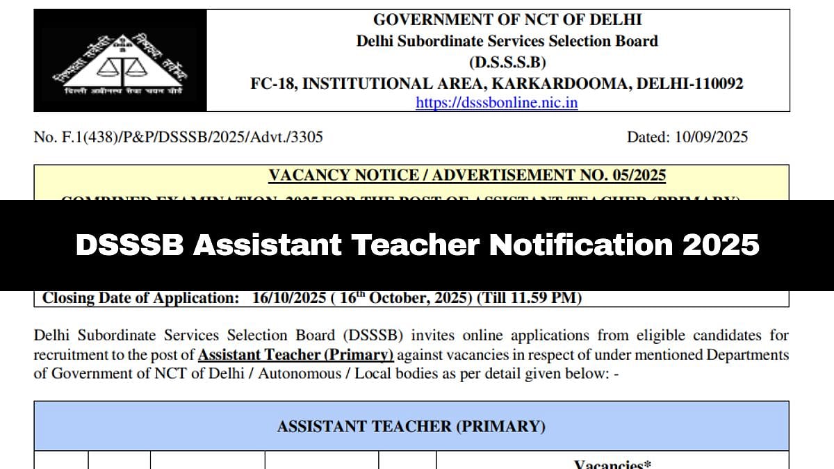 DSSSB Assistant Teacher Notification 2025 Released; Check Selection Process Here