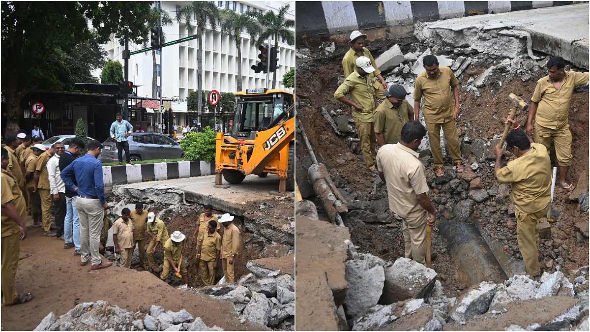 Pipeline burst at Madam Cama Road disrupts water supply, causes road cave-in and traffic chaos in South Mumbai | Photo Credits: Vijay Gohil