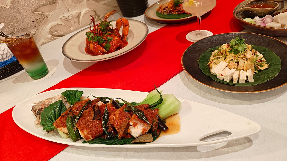 (Clockwise) Chilli Crab, Gado Gado Salad and the fish-head curry