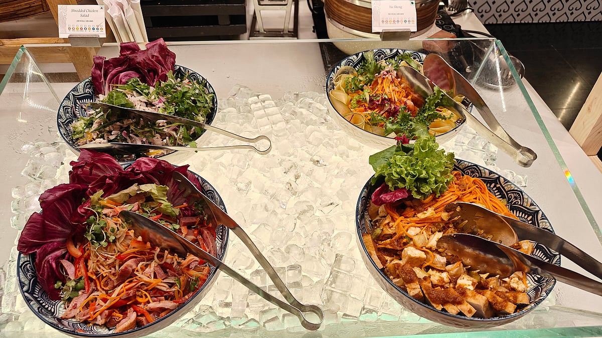 The lovely display of cold salads presented on a bed of ice