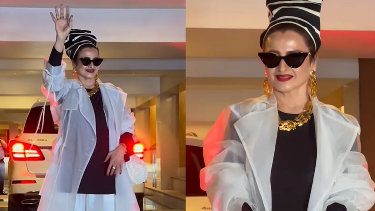 Rekha Ditches Kanjeevaram, Steals Spotlight In All-White Ensemble With Turban At Shabana Azmi’s 75th Birthday Celebration