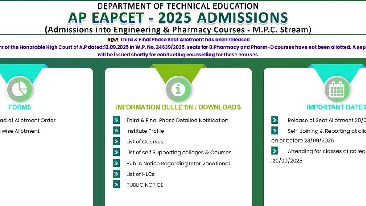 AP EAMCET 2025 Final Phase Seat Allotment Declared; Reporting Begins By September 23