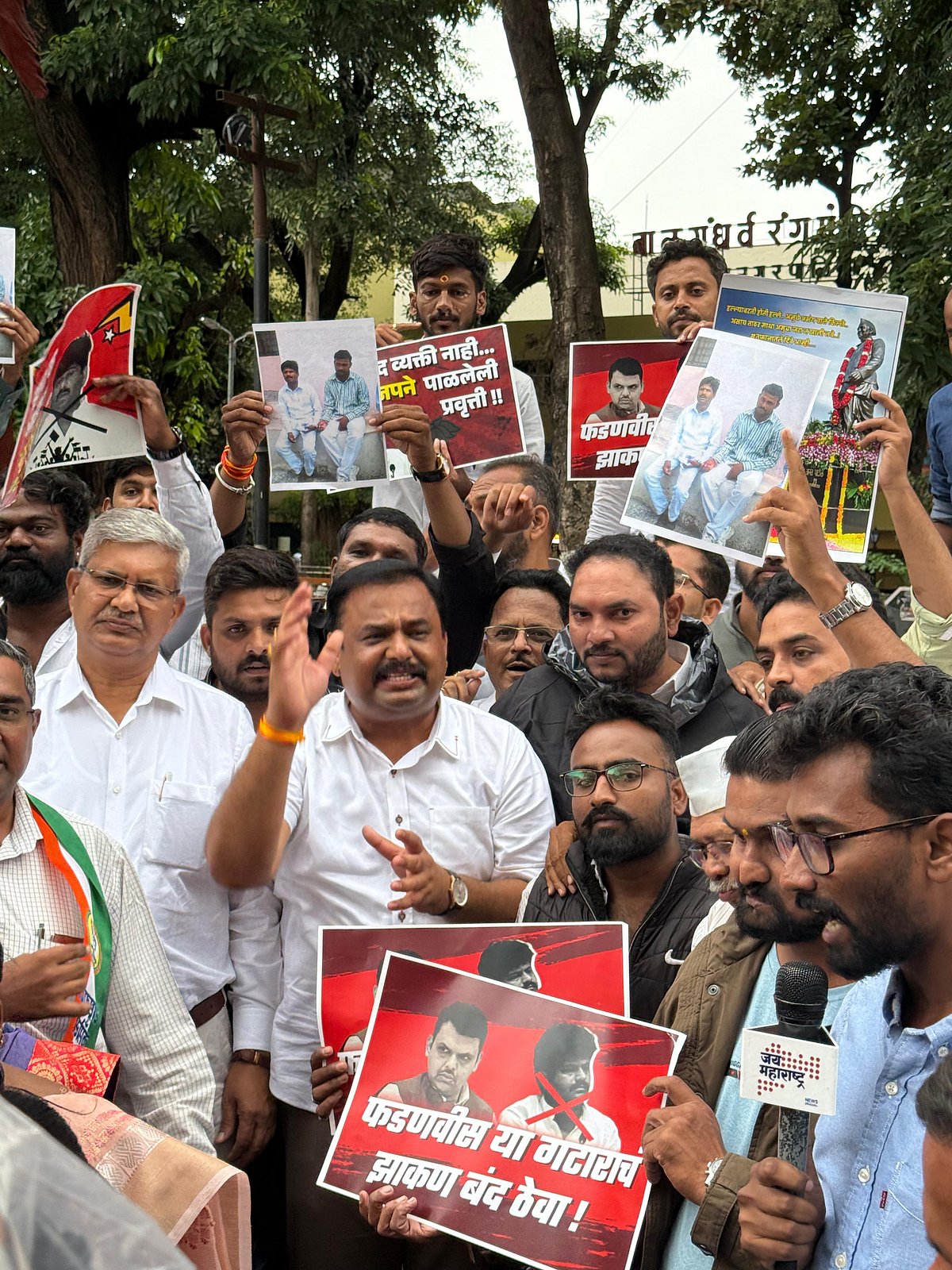 NCP (SP) party members protested at Pune’s Balgandharva Ranga Mandir Chowk on Saturday