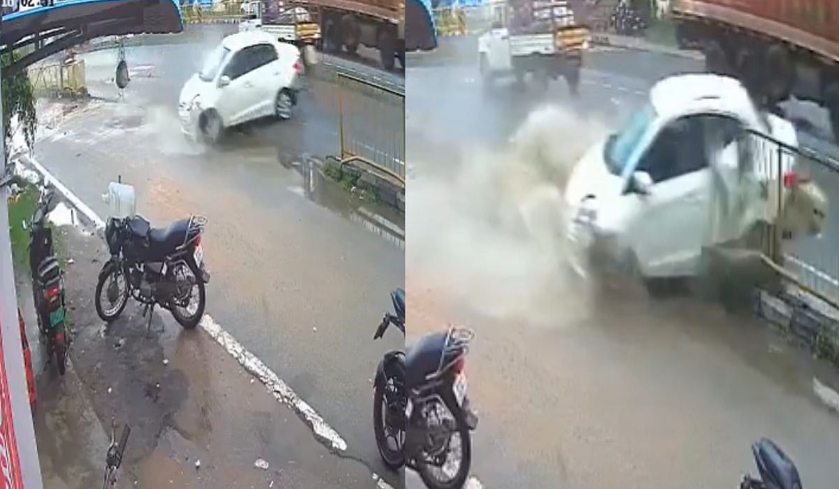 Caught On CCTV: Speeding Car Crashes Into Railing In Telangana's Karimnagar; Driver Escapes With...
