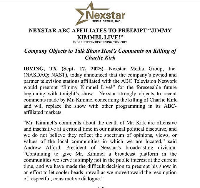 Nexstar's official statement on Jimmy Kimmel Live suspension