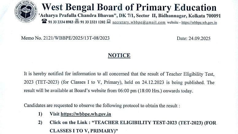West Bengal WBBPE TET 2023 Result OUT At wbbpe.wb.gov.in; Direct Link Here