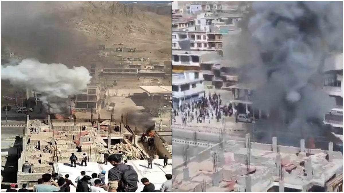 Protesters Demanding Statehood For Ladakh Vandalise And Set BJP Office Ablaze In Leh; 4 Dead (Screengrab) | X
