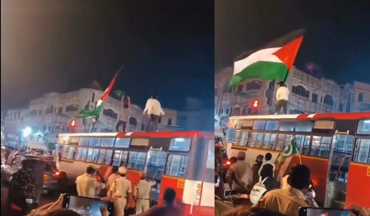 Group Of Men Stand On Government Bus & Wave Palestinian Flag | X/@indian66669296