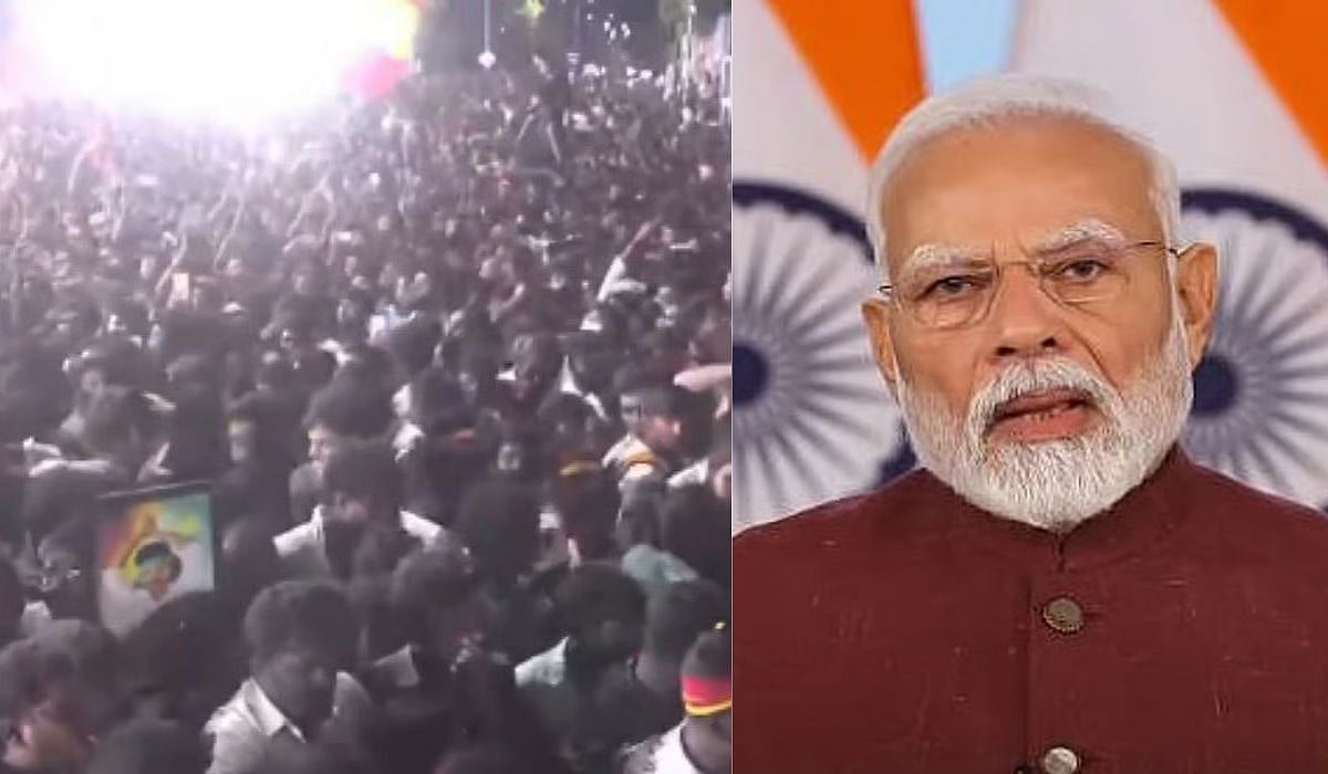 Left: Crowd at Vijay's rally in Karur
Right: PM Narendra Modi | X