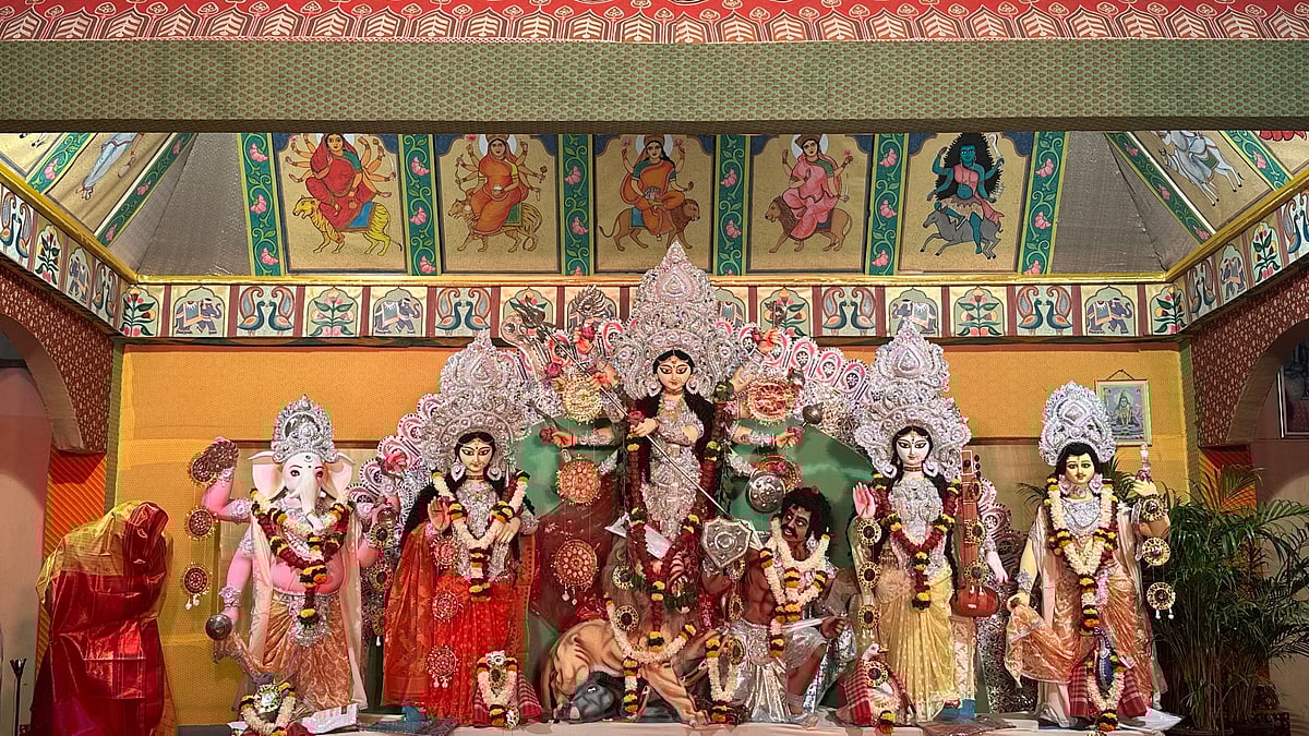 A pic of the Bombay Durga Bari Samiti idol and decor from 2023.