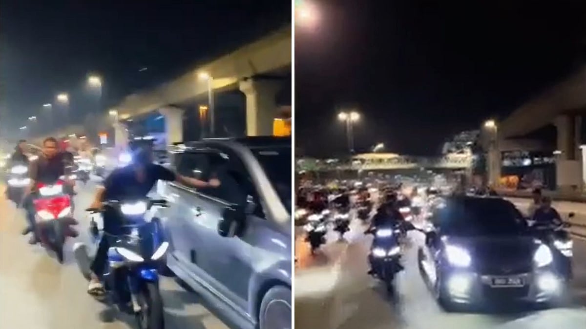 VIDEO: 20 Motorcyclists Swarm Car In Malaysia's Puchong, Rider Smashes Vehicle's Window & Kicks Door; 9 Held