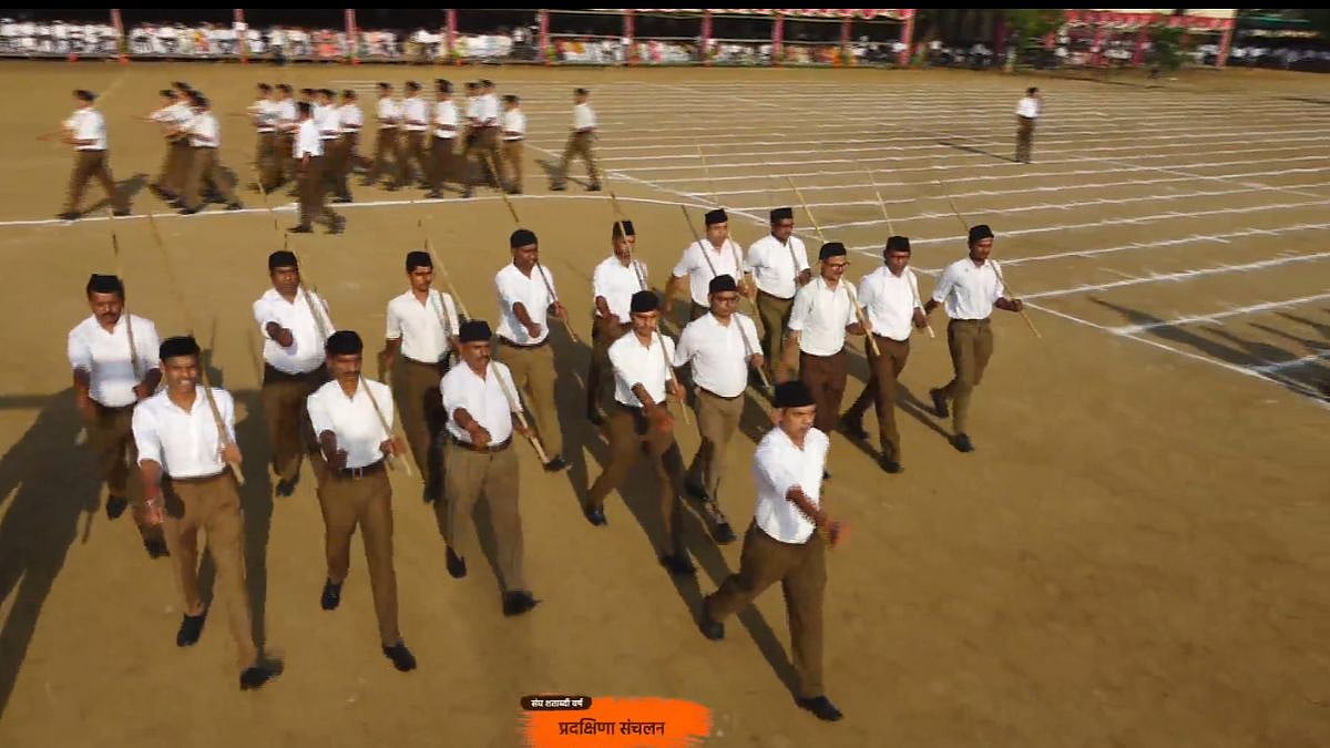 Swayamsevaks (volunteers) dressed in the traditional RSS uniform