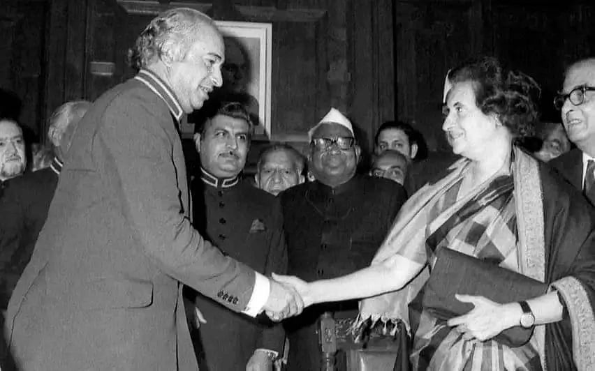 ormer Indian Prime Minister Indira Gandhi and then Pakistani President Zulfikar Ali Bhutto after signing the Simla Agreement in 1972.