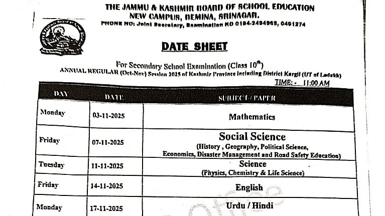JKBOSE Class 10 Exam Datesheet Out At jkbose.nic.in; Exams Start November 3
