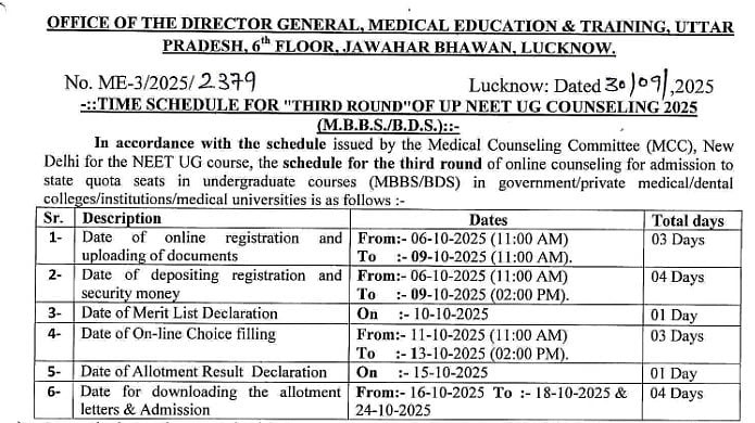 UP NEET UG 2025 Round 3 Counselling Important Dates