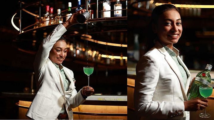 Anisha shows off her bartending skills 