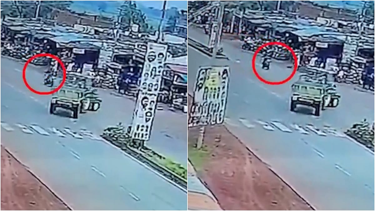 Bidar Accident Video: Speeding Bike Crashes Into Tractor Trolley At Intersection, Pillion Flung For Almost 20 Feet Into Air | X/@DriveSmart_IN
