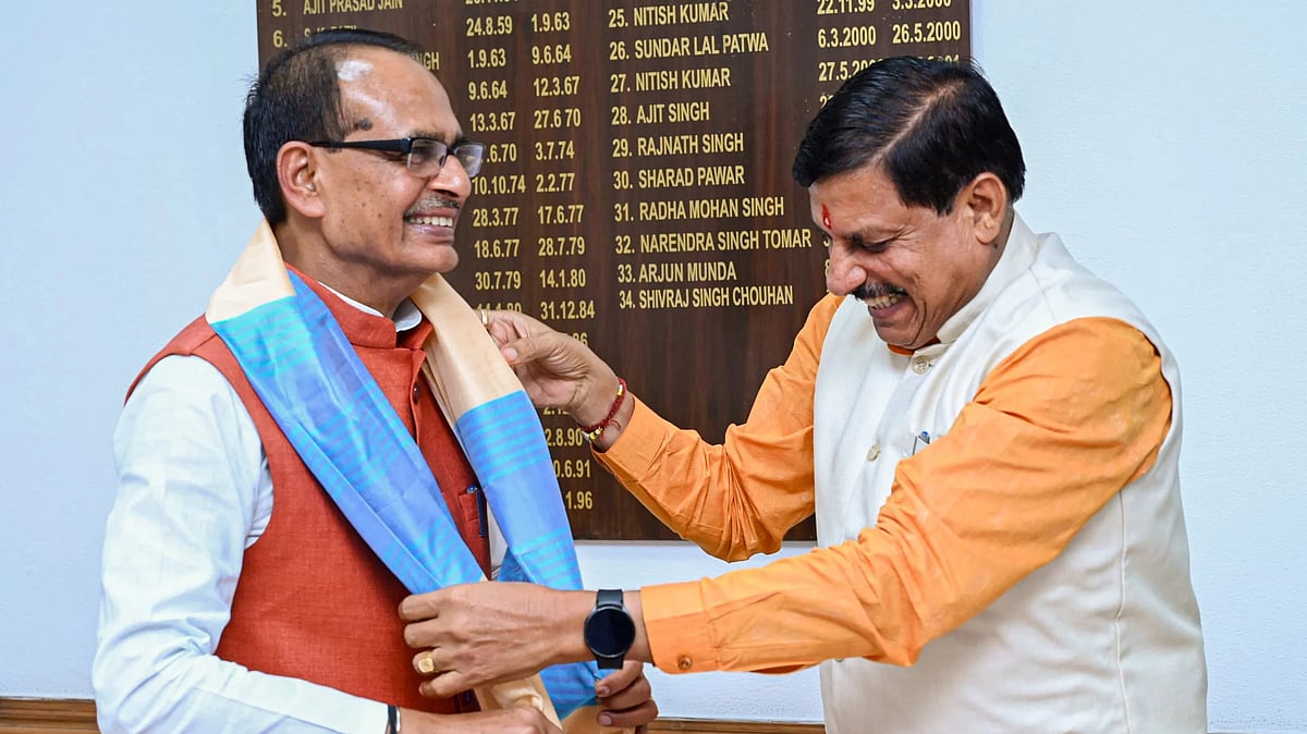 CM Mohan Yadav calls on union agriculture minister Shivraj Singh Chouhan in New Delhi on Tuesday. |