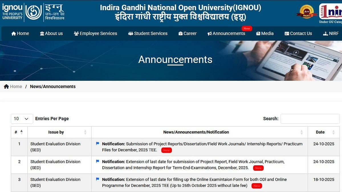 IGNOU December 2025 TEE Registration For ODL & Online Programmes Closes Today; Late Fee Window Opens On October 27