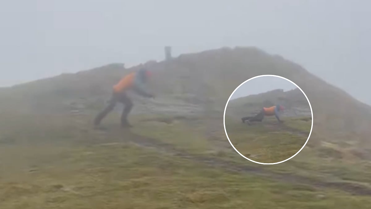 Man Barely Stands Against Hurricane-Force Winds of Benjamin Storm At France’s Mountain Peak |...