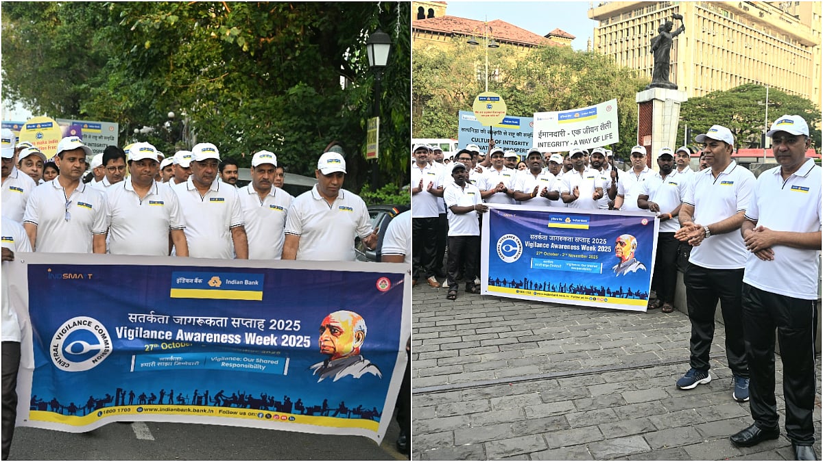Indian Bank employees participate in a walkathon from Marine Drive to Fort to mark the commencement of Vigilance Awareness Week 2025