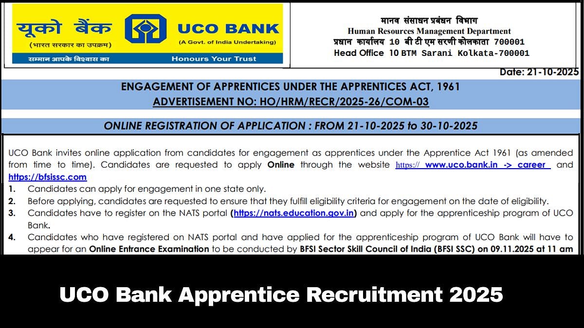 UCO Bank Apprentice Recruitment 2025: Registration Process Ends Soon; Check Details Here