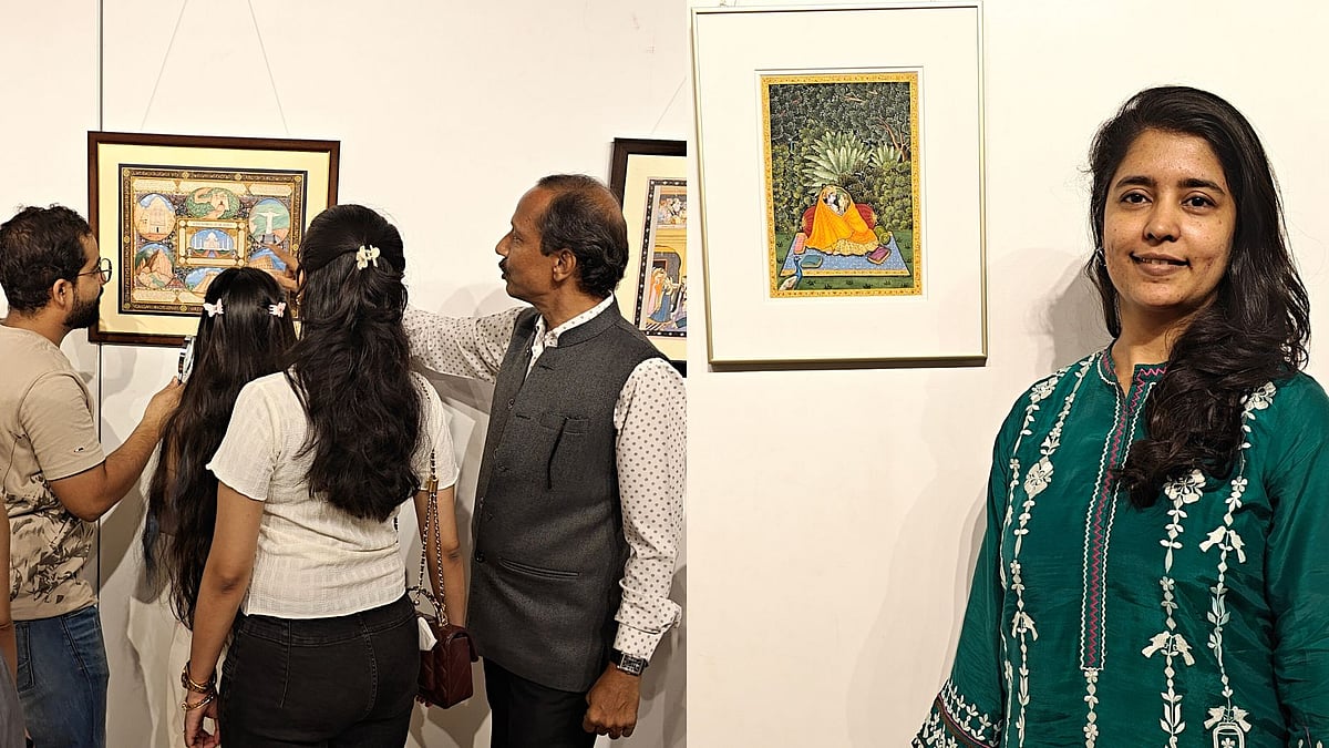 Hari Narayan Marotia explains his painting to the eager crowd, (right) Ami Doshi with her work that inspired by Radha-Krishna's love story