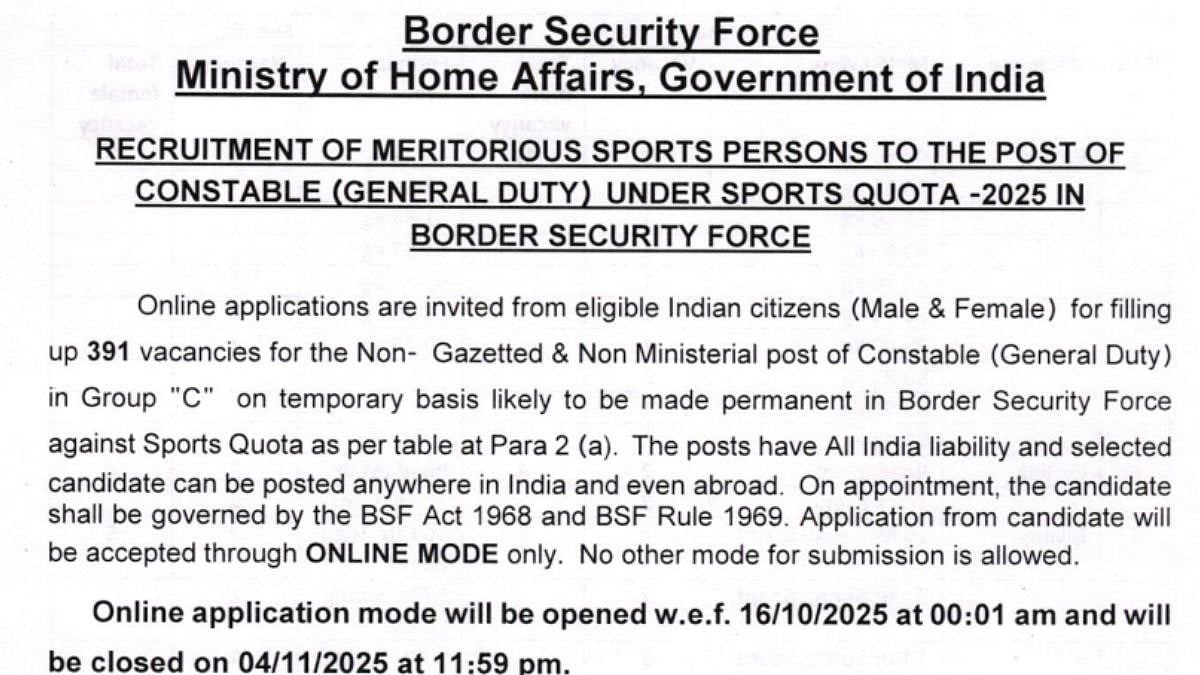 BSF Constable Recruitment 2025: Application Process Ends Soon; Check Selection Process Here