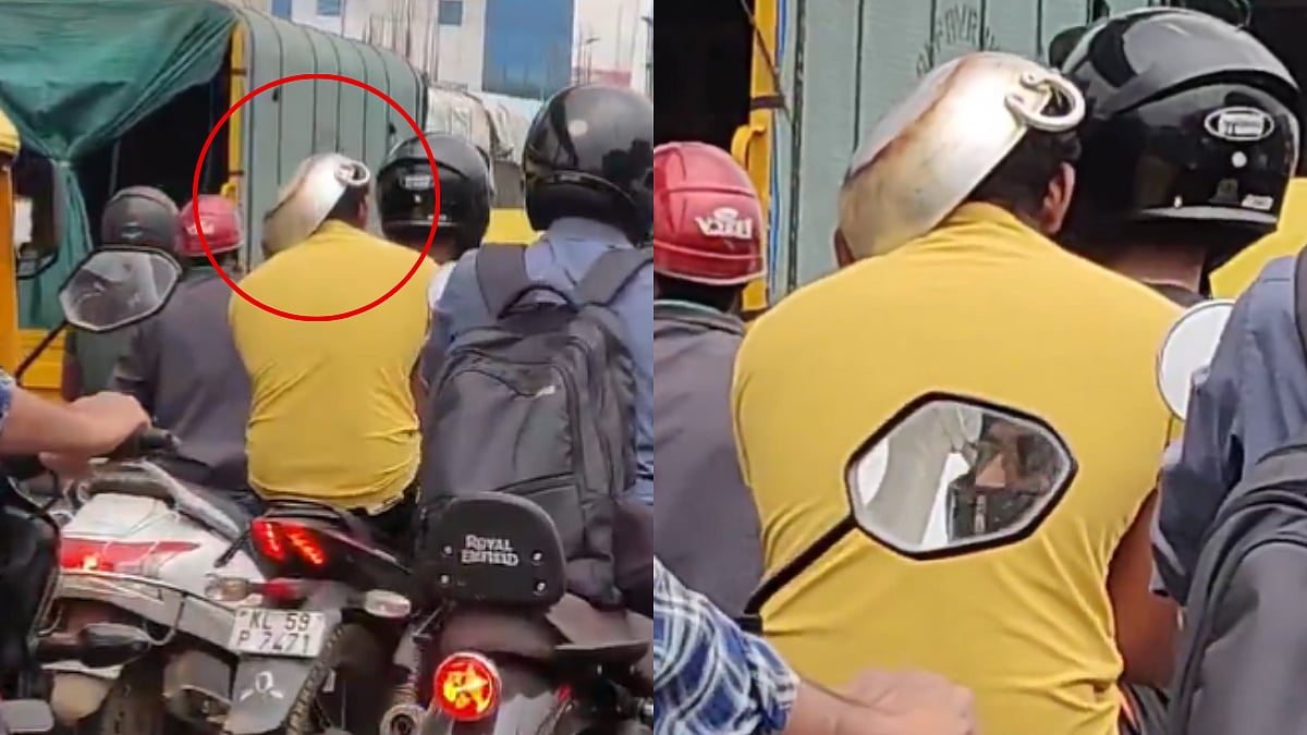 Bengaluru Man Spotted Riding Bike With 'Frying Pan' On His Head Instead Of Helmet, Here's How Police React-WATCH 