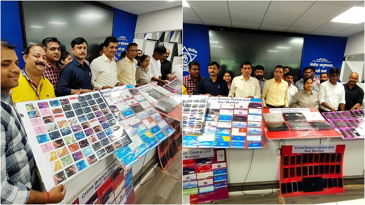 Navi Mumbai Crime Branch displays seized Bank Passbook, Debit Cards and Electronic items during a press conference held at Navi Mumbai Police Commissionerate Office in CBD Belapur, on Thursday, 6/11/2025