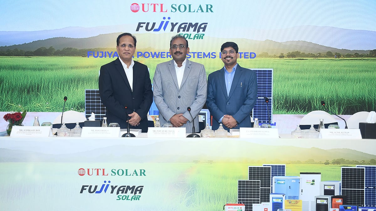  (L–R) Mr. Yogesh Dua, Chief Executive Officer, Fujiyama Power Systems Limited (UTL Solar); Mr. Pawan Kumar Garg, Chairman and Joint Managing Director, Fujiyama Power Systems Limited (UTL Solar); and Mr. Prashant Gupta, Chief Financial Officer, Fujiyama Power Systems Limited (UTL Solar), at the IPO press conference of Fujiyama Power Systems Limited (UTL Solar).
 | 