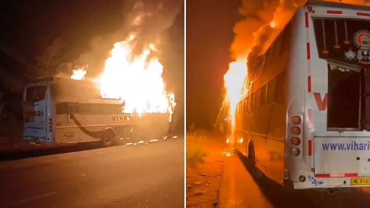 Telangana: 29 Passengers Have Narrow Escape After Private Bus Bursts Into Flames On Hyderabad-Vijayawada Highway; Video Surfaces 