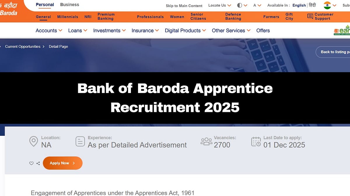 Bank Of Baroda Apprentice Recruitment 2025: Application Process For 2,700 Posts Begins; Check Eligibility Criteria & Other Details Here 