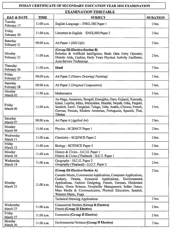 ICSE Class 10 Exam Timetable 2026