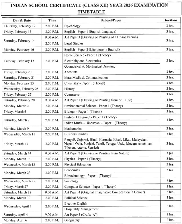 ISC Class 12 Exam Timetable 2026