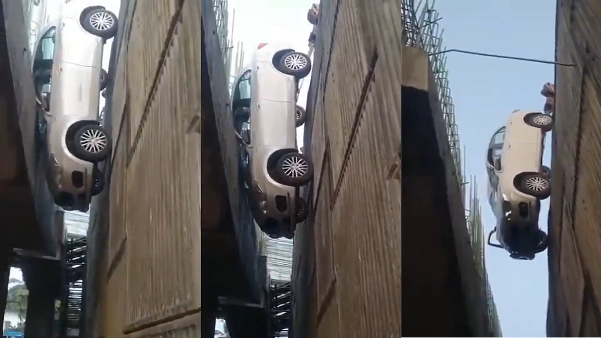 Car Hangs Mid-Air Between Under-Construction Bridge In Kerala After Driver Violates Barrier; Video Goes Viral | X @Autokabeer