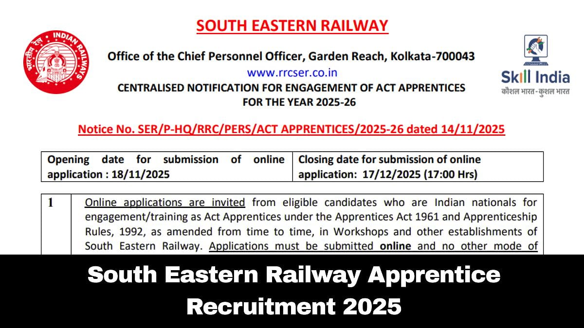 South Eastern Railway Apprentice Recruitment 2025: Registration Process Starts Tomorrow; Check Selection Process Here 