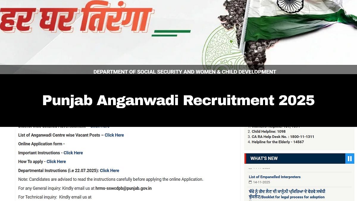 Punjab Anganwadi Recruitment 2025: Notification For 6,110 Posts Out; Registration Window Open On November 19 