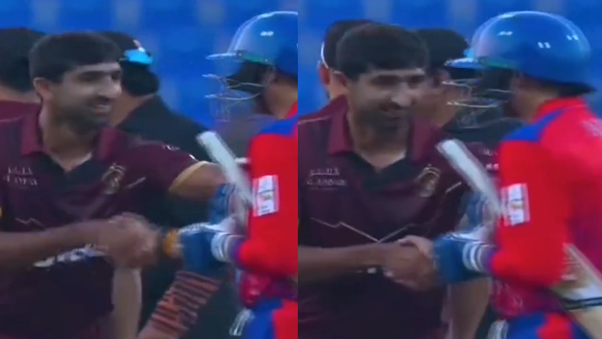 Former Indian Cricketer Harbhajan Singh Shakes Hands With Pakistan's Shahnawaz Dahani After Abu...