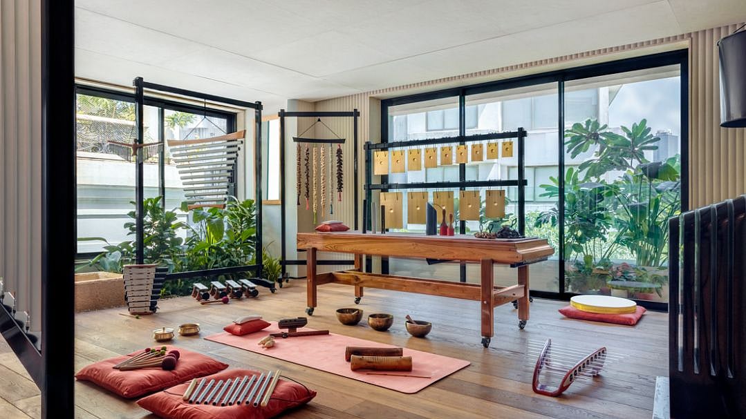 The placement of each instrument in the sound healing room is guided by Vaastu 