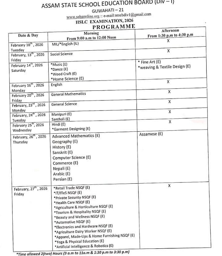 Assam Board Exam Class 10 Datesheet 2026