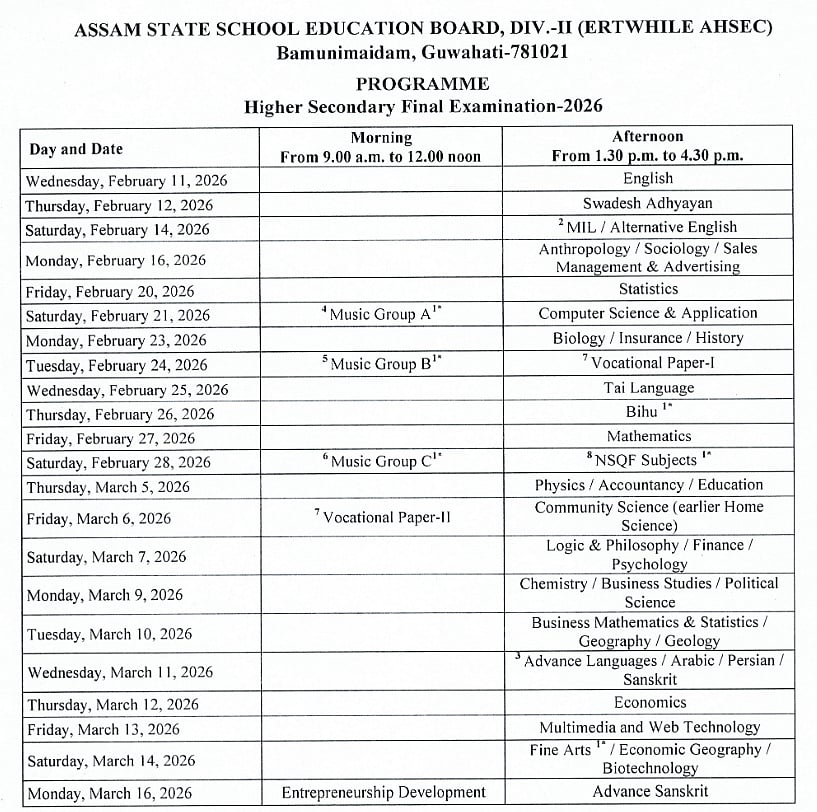Assam Board Exam Class 12th Datesheet 2026