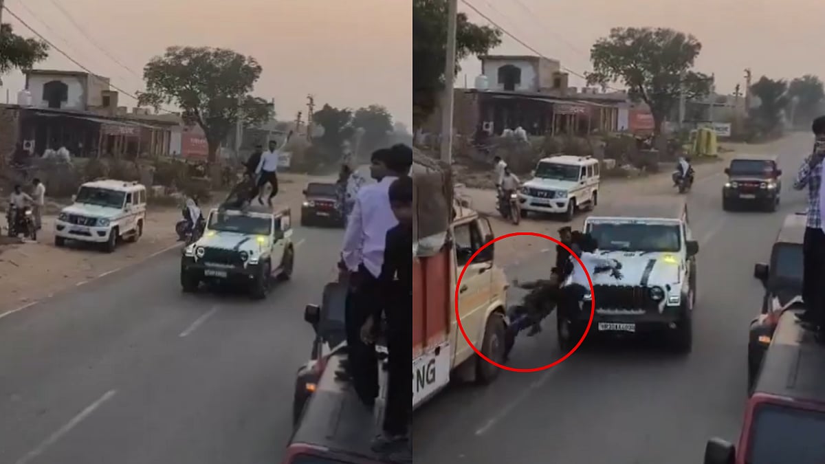 VIDEO: Haryana Youths Performing Stunts On Roof Of Moving Thar Narrowly Escape Being Run Over By Truck; Prompts Police Action 