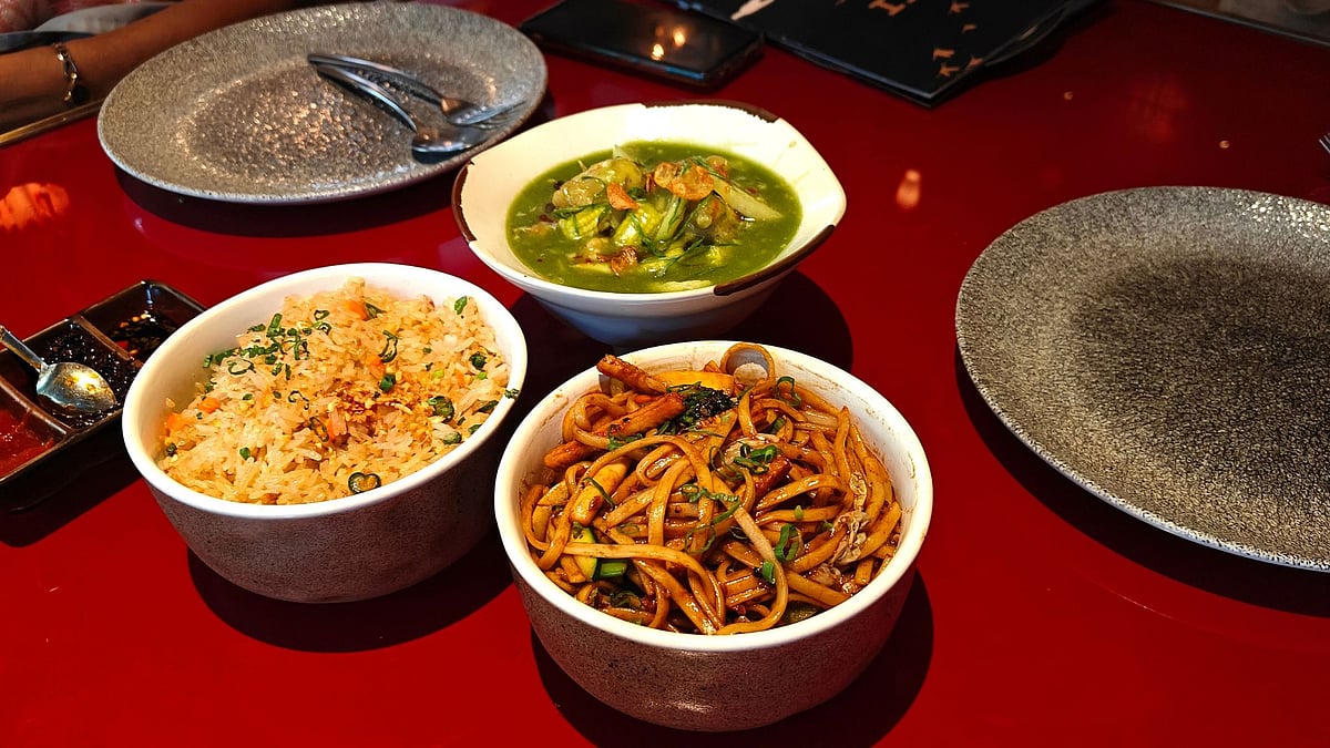 (Clockwise) Burnt Garlic Rice, Butter Garlic Lobster and Udon Noodles