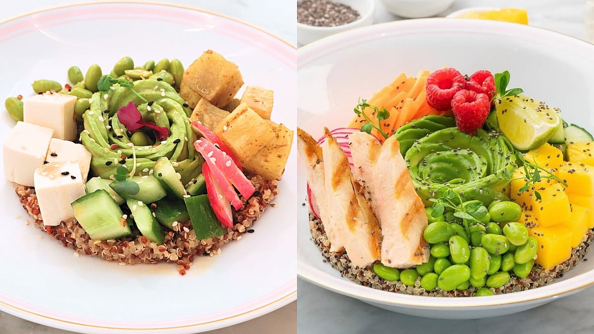 Spot the difference between the vegetarian and non-vegetarian Poke Bowls