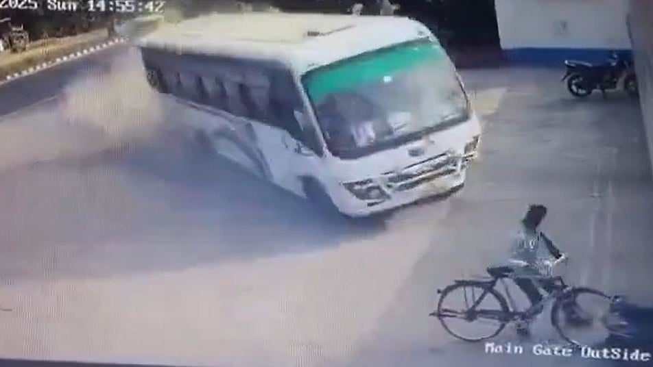 On Camera: Cyclist Narrowly Escapes Death As Speeding Bus Crashes On Mother Dairy Wall In UP's...