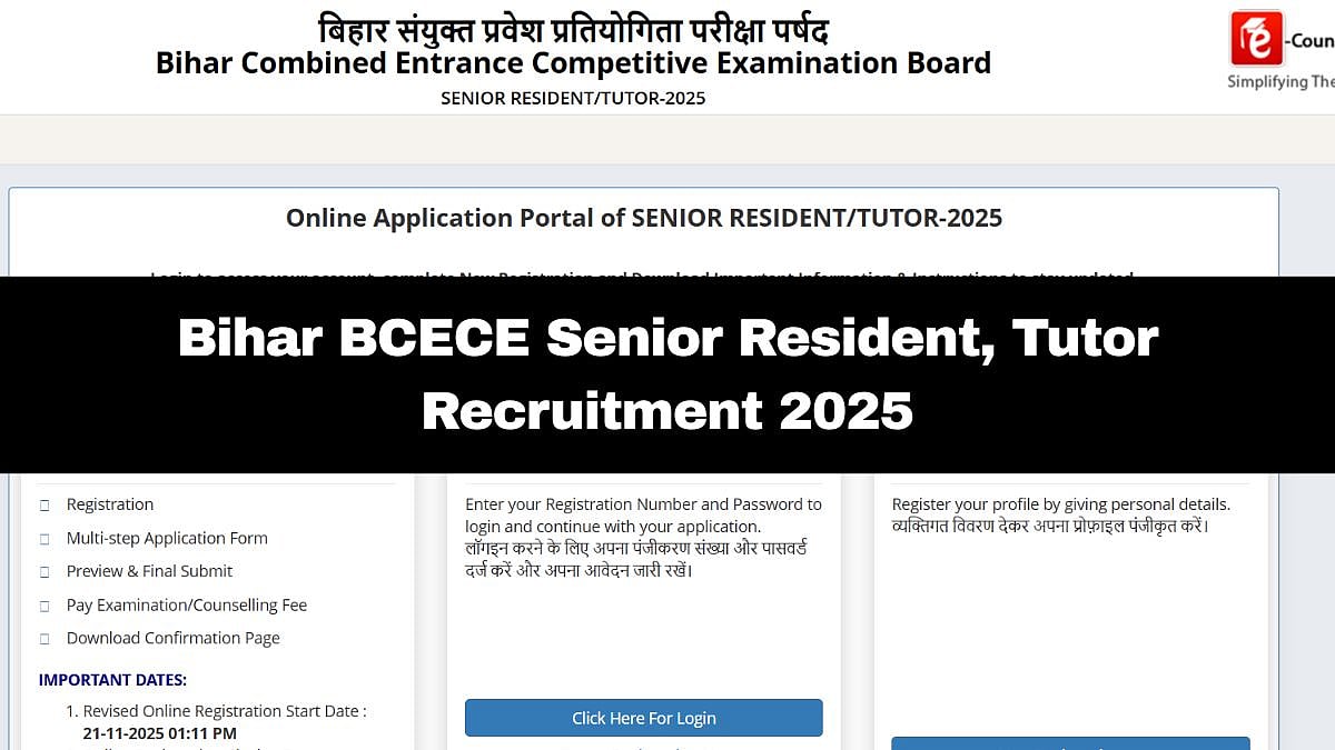 Bihar BCECE Senior Resident, Tutor Recruitment 2025: Registration Process Reopens; Here's How To...
